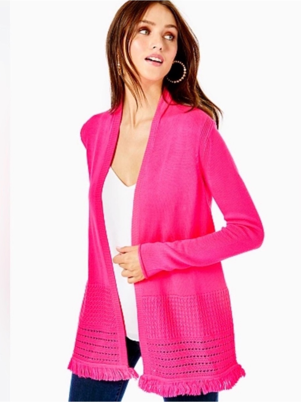 Lilly Pulitzer Hot Pink Open-Front Fringe Hem Cardigan